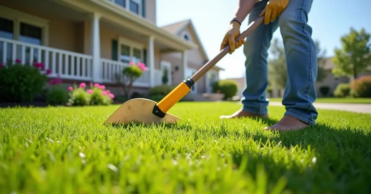 homeowner caring for lawn to maintain healthy green outdoor space